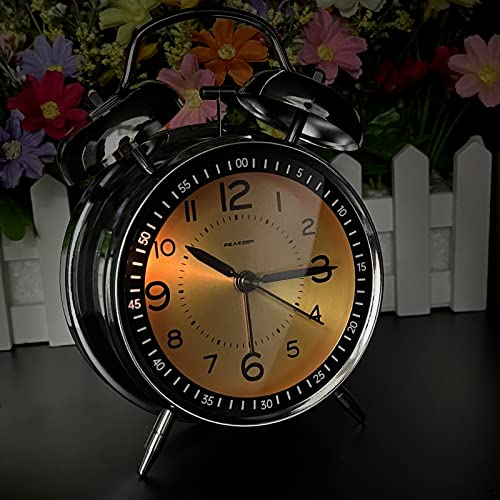 Image of Peakeep Loud Alarm Clock for Heavy Sleepers Adults, Metal 4.5 Inches | Twin Bell Battery Operated Analog Alarm Clocks for Bedrooms Kids' Room Decoration (Golden)