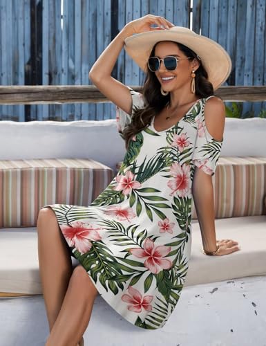 Image of JollieLovin Womens Plus Size Short Sleeve Cold Shoulder V Neck T-Shirt Dress with Pockets
