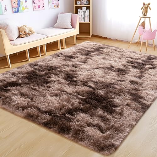 4x6 Shag Area Rug - Fluffy Fuzzy Nursery Kids Girls Room Rug - Soft Plush Furry Bedside Carpet- Tie-Dyed Brown