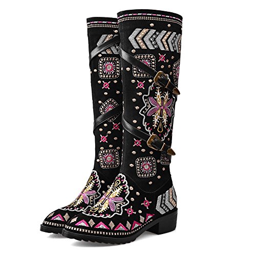 SaraIris Buckle Floral Embroidery Zipper Square Heels Ethnic Knee High Boots for Women