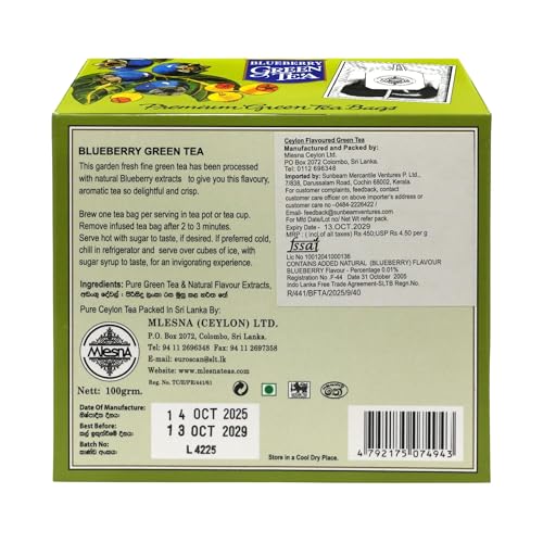 Image of Mlesna Blueberry Green Tea 100g | 50 Foil-Wrapped Tea Bags | Pure Ceylon Green Tea | Rich in Antioxidant | Imported from Sri Lanka