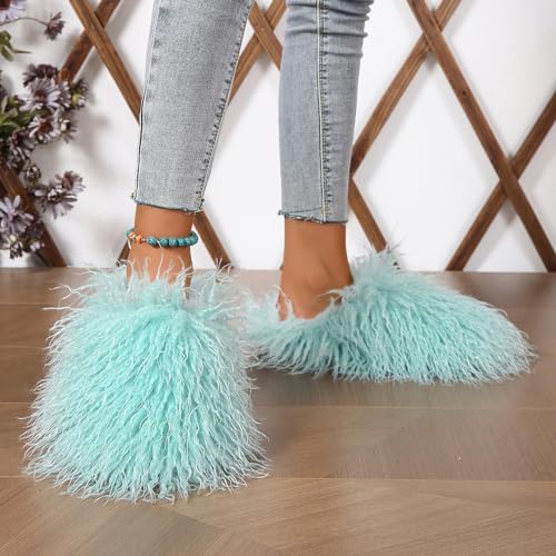 Image of Unisex Fuzzy Faux Fur Slippers, Women's Fluffy Long Hair Sheep Faux Fur Slip on Slides, Girls Luxury Big Fluffy Outdoor Flat Slippers, Long Curly Hair Non-Slip Warm Home Slide Shoes