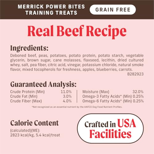 Merrick Power Bites Natural Soft And Chewy Real Meat Dog Treats, Grain Free Snack With Real Beef Recipe - 6 oz. Bag