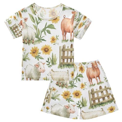 Pajama Sets Short Sleeve Farm Animals Flowers Soft Cotton Summer Sleepwear 2 Piece PJS Size 5-14T