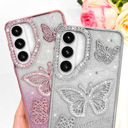 Image of Elzzi Electroplated Butterfly Phone Cover for Samsung S26 Plus Case, Showcasing Pearlescent Diamond Soft TPU, Camera Protection, Shockproof, Dropresistant Stylish for Girls & Women (Grey)