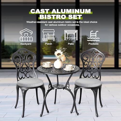 Image of NUU GARDEN Patio 3-Piece Bistro Set with Olefin Cushions, Patio Chairs and Outdoor Round Table with Umbrella Hole, Cast Aluminum Patio Set for Lawn, Garden, Porch, Poolside, Black