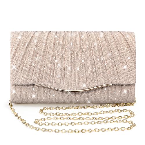 Image of Clutch Purses for Women Evening Bag Formal Dressy | Crossbody Bag with Metal Chain, Stylish Clutch, Pleated Style, Polyester, for Wedding, Prom, Cocktail Party