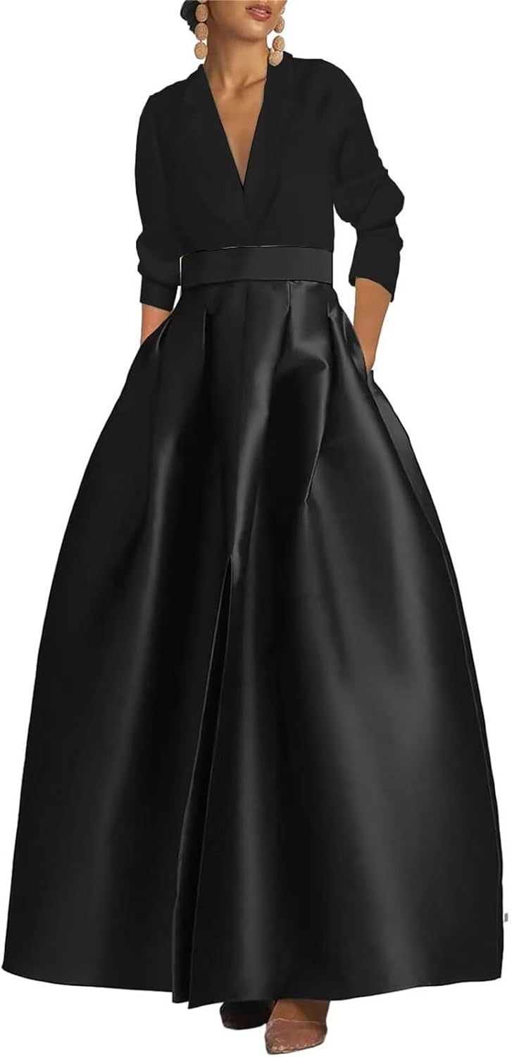 Women's V Neck Long Sleeves Prom Dresses with Pockets Satin Ball Gowns LZ-011