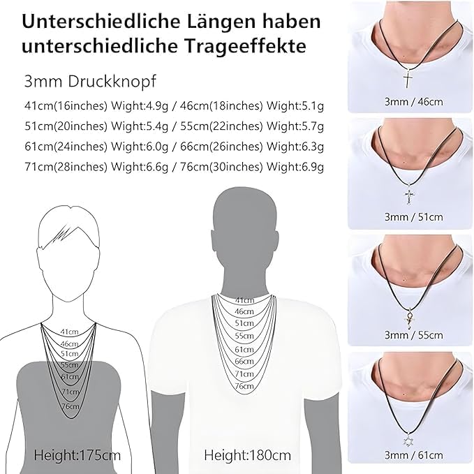 CYXZMYA Lederband Halskette 3mm, 51cm, Schwarz, Unisex, Kautschuk mit Edelstahl Verschluss, Geflochten, für Männer, Frauen, Jungen, Mädchen