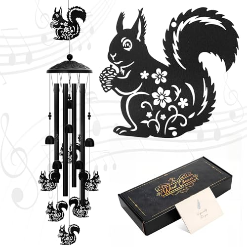 Hoemwarm Squirrel Wind Chimes for Outside, Windchimes Squirrel Gifts for Animal Lovers, Black Metal Garden Patio Home Decor