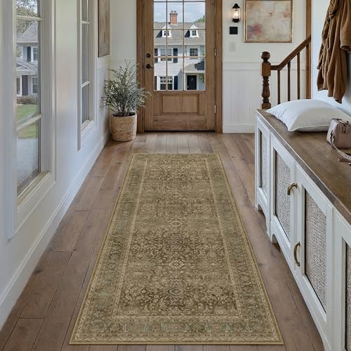 PureCozy Brown 2x6 Runner Rug Washable Vintage Long Carpet for Hallway Kitchen Soft Retro Floral Low Pile Indoor Runner Non Slip Traditional Distressed Rug for Bathroom Bedroom Laundry Dinin