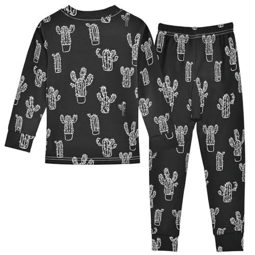 Fustylead White Outline Cactus on Black Background Pajamas Cotton Sleepover PJ Set Long Sleeve Lounge Wear2