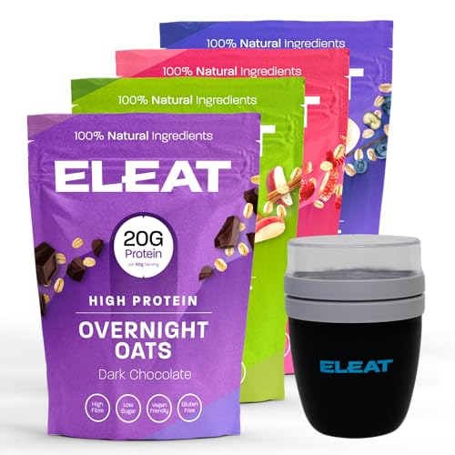 ELEAT | High Protein Overnight Oats Starter Bundle | Best Flavours Including Cereals Travel Pot | Low Sugar & High Fibre Breakfast | Vegan & Gluten Free | 4 x 400g