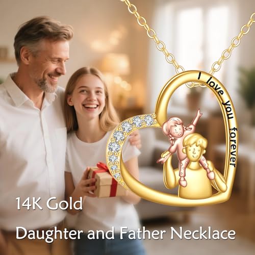 14K Real Gold Daughter and Father Necklace, Two Tone Solid Gold Heart Pendant Necklaces From Dad, I Love You Forever Jewelry Gifts for Daughter, 16"+2"2