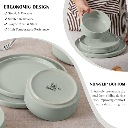 E-far Stoneware Dinnerware Sets, 12-Piece Plates and Bowls Set for 4, Green - image 5