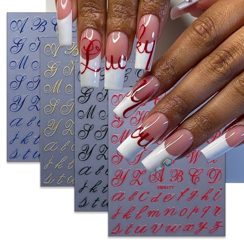 4 Sheets Gothic Letter Nail Art Stickers Valentine's Simple 3D Self Adhesive Nail Accessories Red Black Navy Blue Gold Nail Art Supplies Decorations for Women Design DIY Manicure Nails Decor Accessory