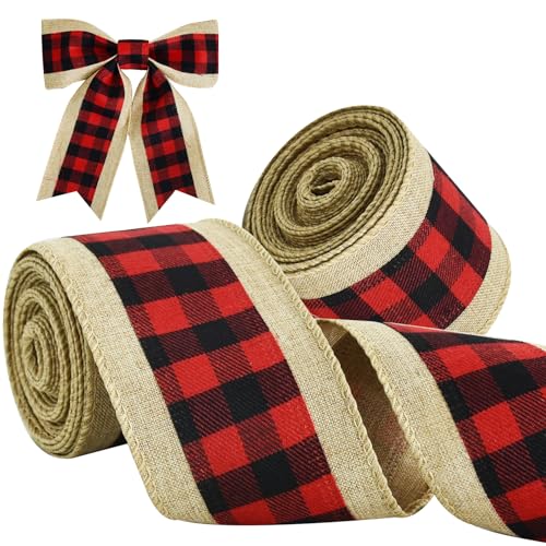 TONIFUL 2 Rolls-2.5 Inch Black and Red Plaid Check Burlap Ribbon