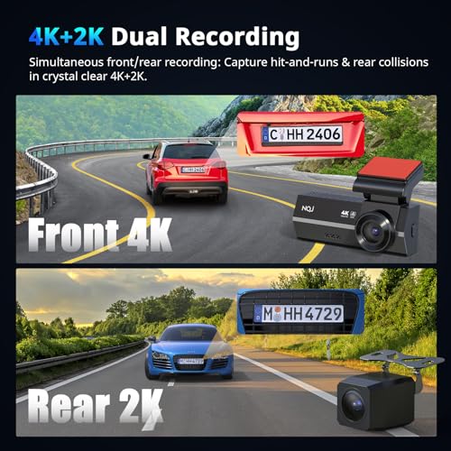 Image of Dash Cams Front and Rear, NQJ 4K+2K Dual Dash Camera for Cars w 64GB Card, 5G Wi-Fi & App, G-Sensor, 3.2 inch Screen, 24H Parking Mode, 170Wide Angle, Night Vision