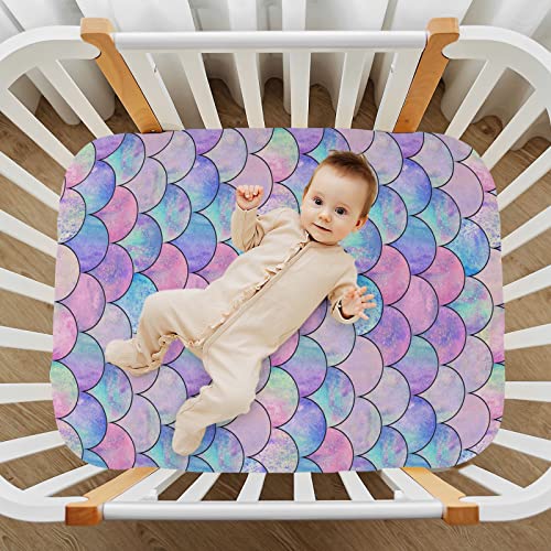 Image of Mermaid Fish Scale Crib Sheets for Boys Girls Pack and Play Sheets Super Soft Mini Crib Sheets Fitted Crib Sheet for Standard Crib and Toddler Mattresses Baby Crib Sheets for Girls Boys, 52x28IN