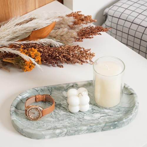 Image of Koville Marble Bathroom Tray for Countertop, Vanity Tray Stone Trays for Decor, Natural Marble Decorative Tray for Dresser Organizer, Storage Trays for Perfume, Jewelry, Cosmetics(Retro Light Green)