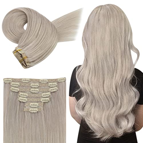 JoYoung Grey Hair Extensions Clip in Real Hair Full Head Clip in Extensions Human Hair Remy Double Weft Gray Clip Hair Extensions 7pcs 120gram 18inch