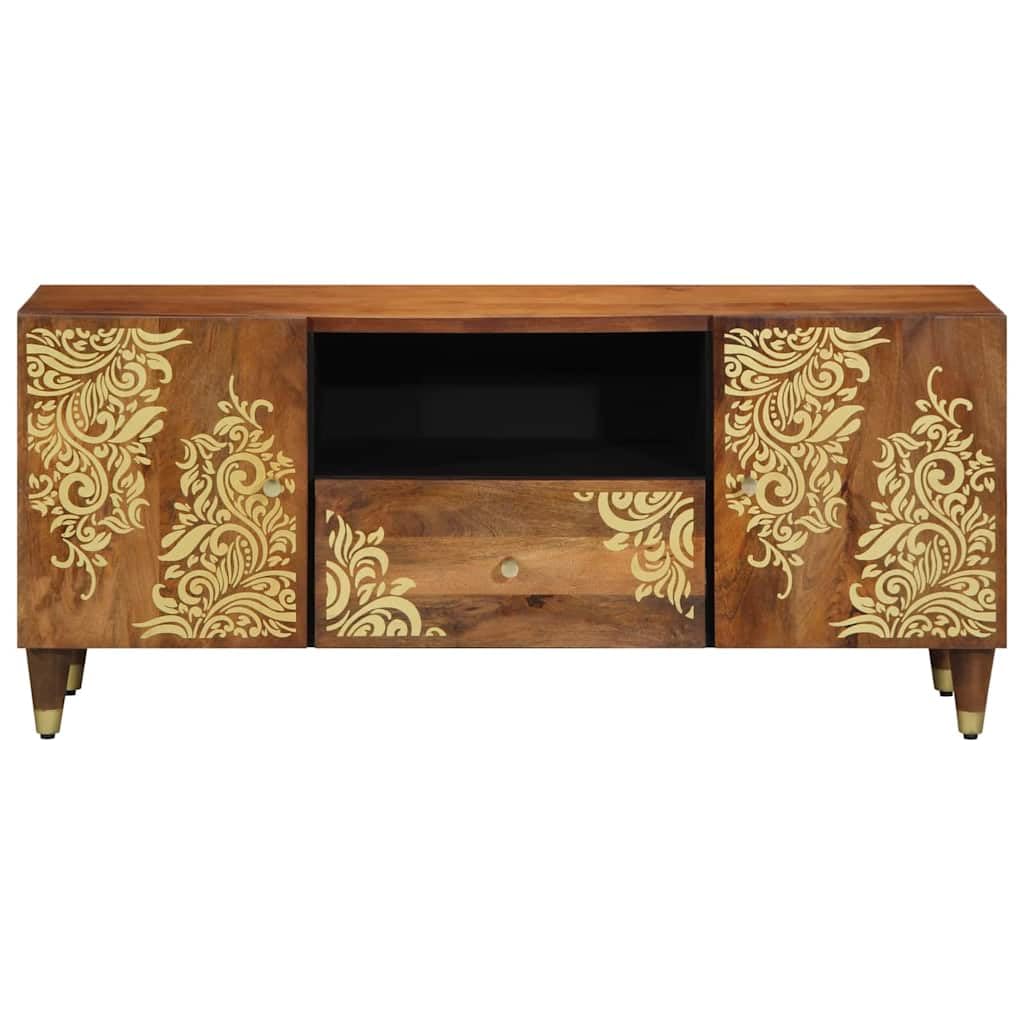 Mueble TV de madera mango macizo con puertas batientes y asas de latón