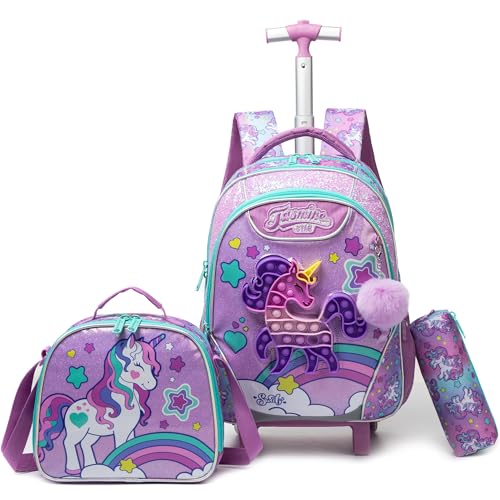 Meetbelify Mochila com rodinhas para meninas e meninos, mochilas para estudantes do ensino fundamental, bagagem infantil, 01 Unicórnio a
