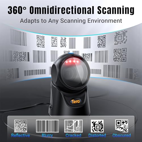 Tera Barcode Scanner Plattform Omnidirektional: 1D 2D QR Code Desktop-Lesegerät Freihändig USB Kabelgebunden Verstellbarer Winkel, Plug-and-Play für POS Supermarkt Lager Einzelhandel Krankenhaus 9700