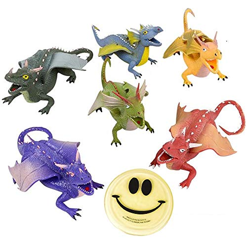 Dragon Toy Figures Squish and Stretch 9 Inch -3 Pack of  Assorted Dragon Toys and 1 Vortex Eraser - Party Favors, Party Decor, Stocking Stuffers, Good Bags, Prizes