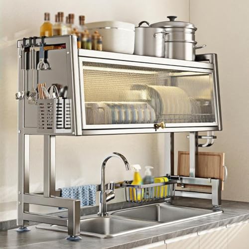 Escurridor de platos para encimera con puerta y soporte para utensilios, de acero inoxidable, multifuncional, almacenamiento sobre el fregadero, ahorra espacio para platos y tazones