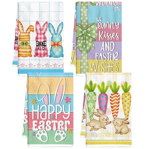 MOIZYNG Easter Kitchen Towels Set of 4 Colorful Rabbit Bunny Carrot Hand Towels Dish Cloth Spring Farmhouse Kitchen Bathroom Home Holiday Seasonal Decorations 16x24 Inches