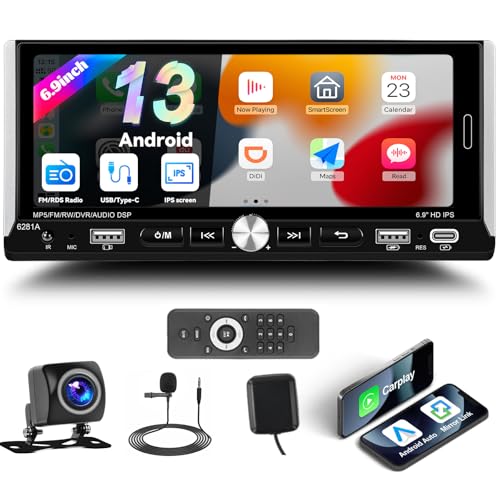 1 Din Autoradio Android 13 mit Wireless Carplay und Android Auto, 6,9-Zoll-IPS-Touchscreen, 1G+32G Bluetooth/GPS/WiFi, FM/RDS, EQ, Mirror Link, 2 USB/Typ-C, Rückfahrkamera AHD/SWC/MIC