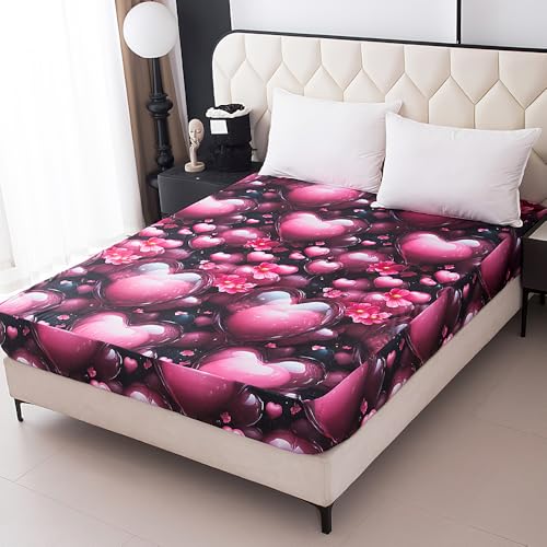 Image of Bedding Fitted Sheet with Deep Pocket,3D Pink Heart Balloon Pattern Printed Fabric Bed Sheets (Red Heart,King)