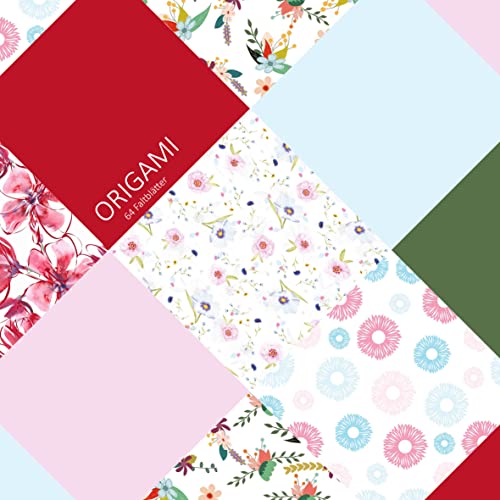 Origami Papier Faltblätter Muster | 64 Blatt | 15 x 15 cm | verschiedene Motive und Farben | beidseitig bedruckt zum Basteln und Falten | 90g/qm Papier Bilderdruck matt | Set „Blumen“ Cover