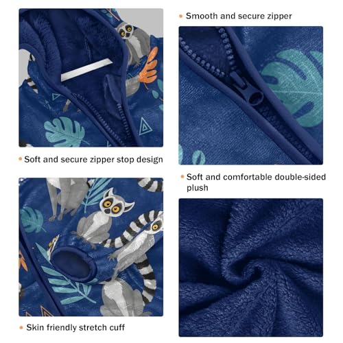 Lemur Pattern on Blue Background Toddler Fleece Jacket Girl Boys Hooded Fleece Jacket Coat Warm Outwear Zip-up 3-10T3