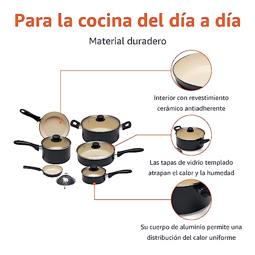 Infografía que detalla los materiales duraderos del juego de cocina, incluyendo revestimiento de cerámica y tapa de vidrio templado.