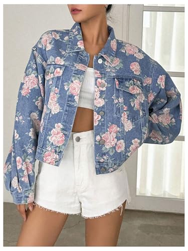 WDIRARA Women's Floral Print Button Down Denim Jacket Long Sleeve Outerwear Light Wash X-Large3