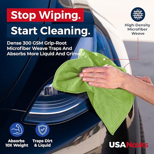 Image of USANOOKS Microfiber Cleaning Cloth Light Green - 24 Pcs 12.5 inchx12.5 inch - High Performance - 1200 Washes, Ultra Absorbent Towels Weave Grime & Liquid for Streak-Free Mirror Shine - Car Washing Cloth