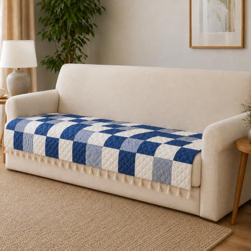 Image of Velvet Quilted Sofa Armrest Covers (Pack of 2) | Blue Check | Anti-Slip Soft Washable Arm Covers with Tassels | 24 x 27 Inches (Half)