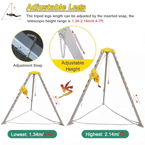 Trépied de sauvetage robuste en aluminium – Système de protection contre les chutes télescopique de 1,34 à 2,14 m pour espaces confinés, lieux élevés, puits, trous d'homme et égouts – Équipement de
