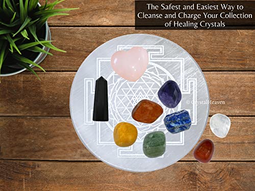 Image of Crystal Heaven Certified Selenite Charging Plate, 4 Inch Engraved Sri Yantra Cube Selenite Plate For Crystal Cleansing Re-Energy Work, Meditation And Pooja