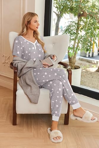 Image of Ekouaer Pajamas for Women Set 2 Piece Fall Lounge Sets Short Sleeve Pjs Joggers Long Pants Sleepwear with Pockets