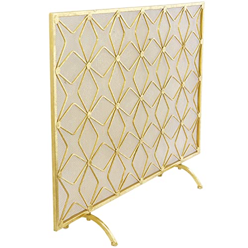 Deco 79 Metal Geometric Star Patterned Single Panel Fireplace Screen With Mesh Netting, 38" X 9" X 28", Gold #TOP4