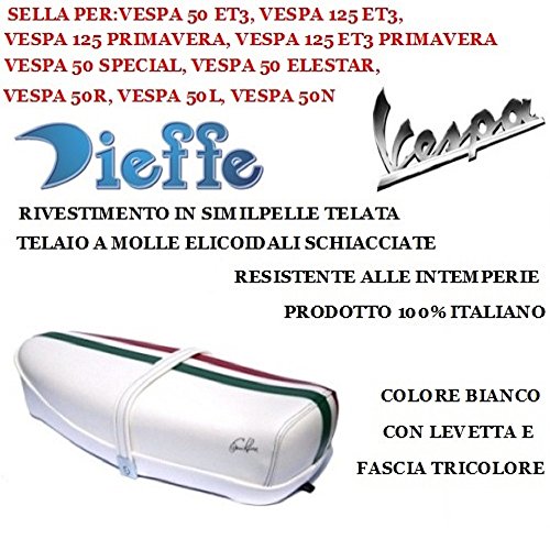 Selle selle pour vespa 50 125 eT3, printemps 125, 50 Special, 50 elestar, 50R, 50L, 50 N Vintage blanche DIEFFE p0040ftb avec levier et bande tricolore