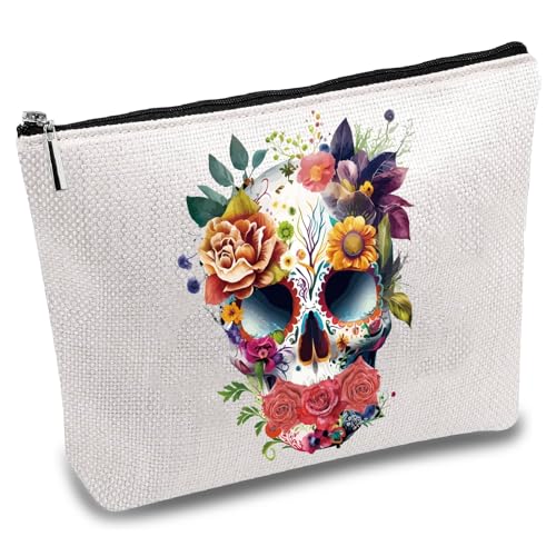 CREATCABIN Trousse Maquillage Forme Tête Mort Toile,Trousse Cosmétiques Multi-Usages,Pochette Stylos,Fleur Transfert Repasser Fermeture Éclair,Pochettes pour Articles Toilette,Voyage,École,25x18cm