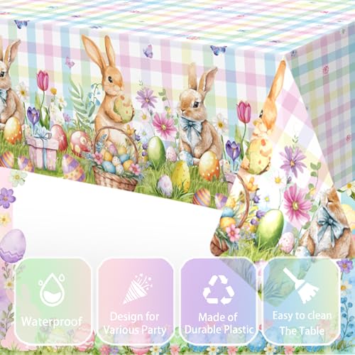 Image of OQOQ Plaid Pastel Easter Tablecloth (2 Packs) -108x54 inches Spring Easter Table Cloth Colourful Happy Bunny Disposable Waterproof Table Cover for Party Decoration Picnic Dinning Home Decor