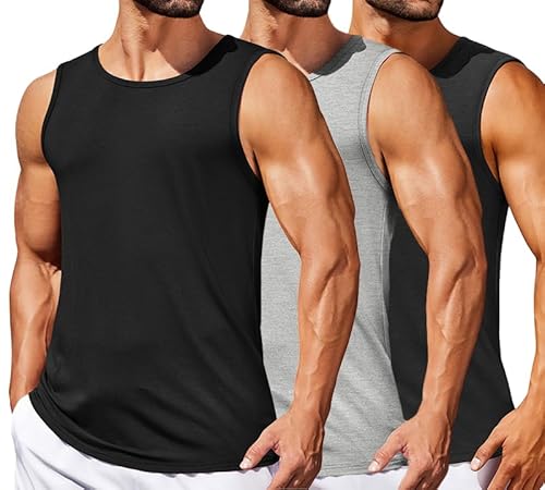 COOFANDY Men's Vests Gym Tanktops Holiday Vest Cut Off 3 Pack Multipack Fitness Shirts Black/Light Grey/Dark Grey (Pack 3) S
