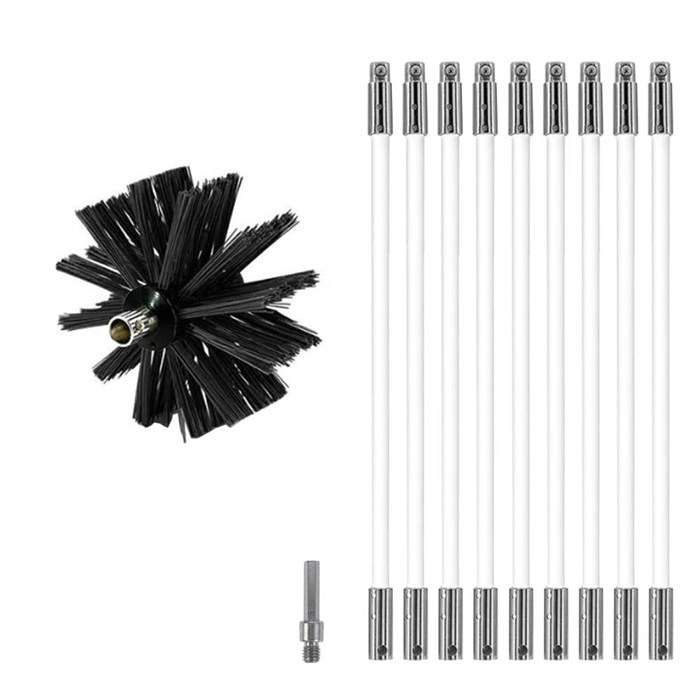 MOCNT Chimney Cleaning Brush Kit Nylon Rotary Duct Vent Cleaning Set Flexible Chimney Sweep Kit Soot Cleaning Rods for Fireplace Dryer Vent with 9 Flexible Rods 1 Brush Head