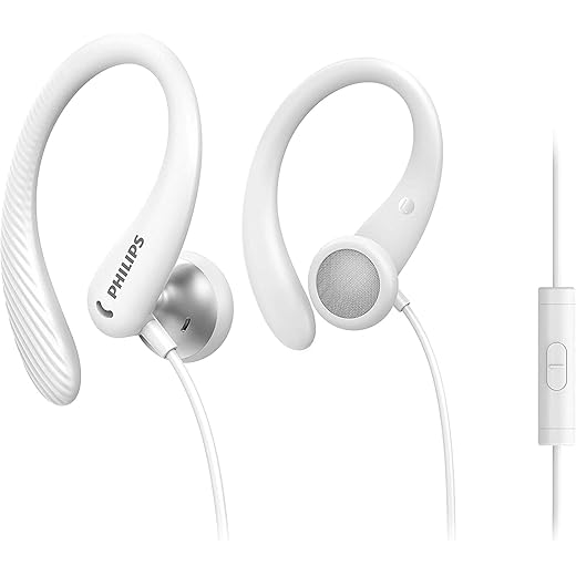 Philips cuffie con filo per fitness e sport/microfono, ipx2 resistenti al sudore, supporti l'orecchio flessibili, vestibilità sicura, telecomando inline/auricolari con filo philips taa1105wt/00