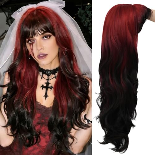 Siudus Red Black Long Wig with Bangs Womens Curly Wavy Ombre Red Hair Wig Heat Resistant Fibre Cosplay Costume Wig for Halloween Party Use